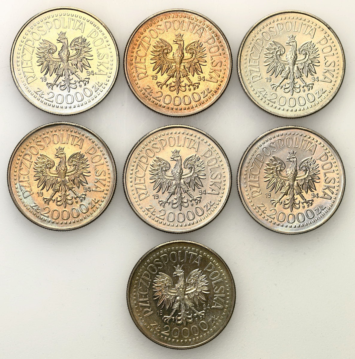 III RP. 20.000 złotych 1994 - 75 lat Związku Inwalidów Wojennych, zestaw 7 sztuk